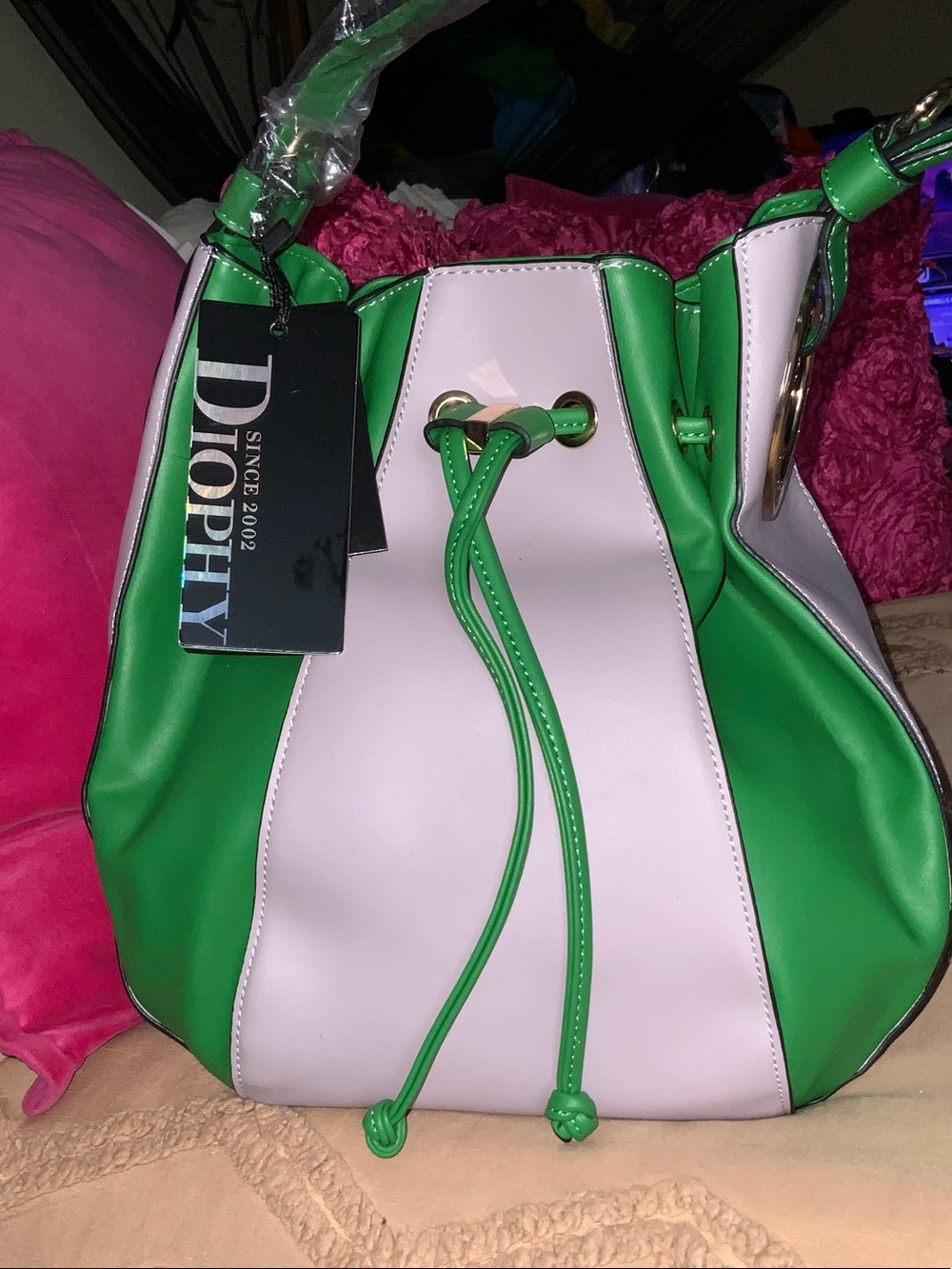 Unknown Brand Green & Light Pink Drawstring Bucket Bag